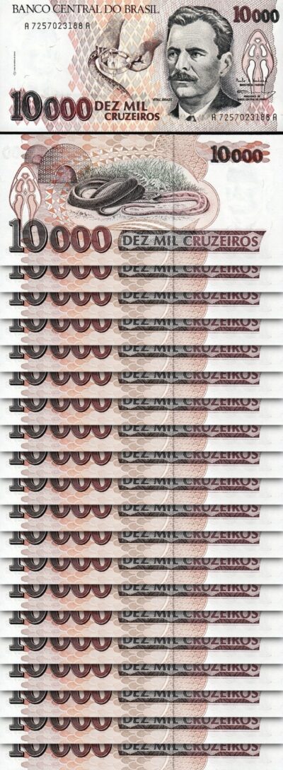 Brazil 10000 Cruzeiros 1993, Unc, 20 Pcs LOT, P-233c, Sign 30