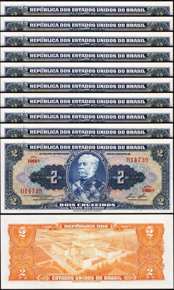 Brazil 2 Cruzeiros 1954 1958, UNC, 10 Pcs LOT, Consecutive, P-151b, Sign 6