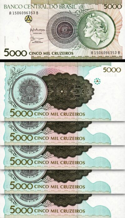 Brazil 5000 Cruzeiros  1990, UNC, 5 Pcs LOT, Consecutive, P-227