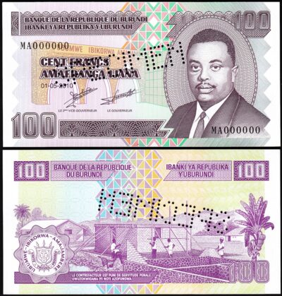 Burundi 100 Francs 2010, UNC, SPECIMEN, MA 000000, P-44as