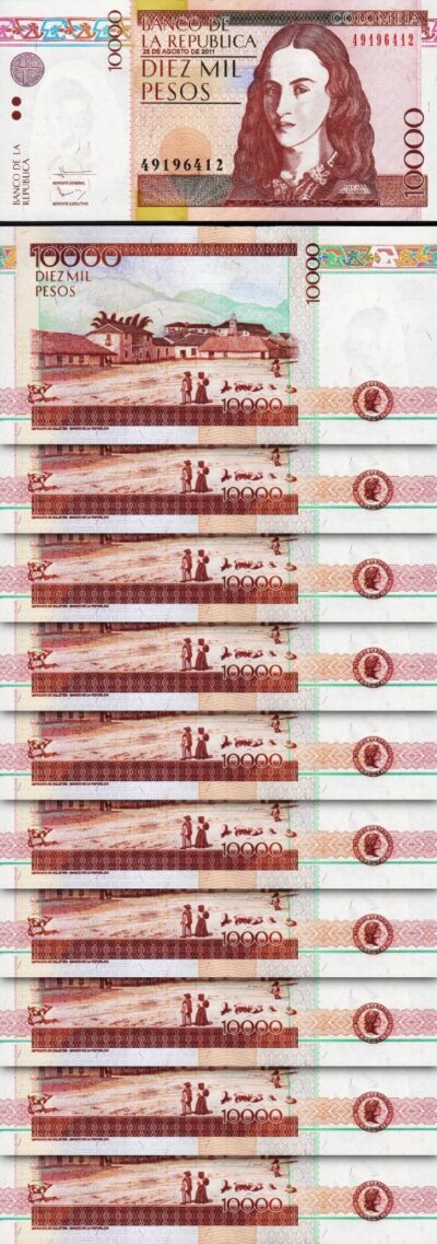Colombia 10000 Pesos 2011, UNC, 10 Pcs LOT, Consecutive, P-453