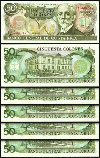 Costa Rica 50 Colones 1993, UNC, 5 Pcs LOT, Consecutive, P-257