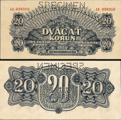 Czechoslovakia 20 Korun 1944, Specimen, aUNC, P-47s
