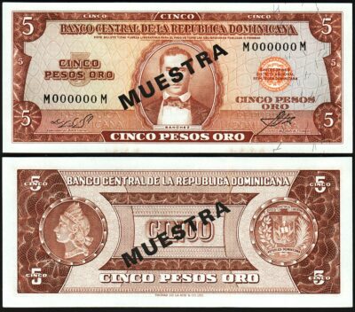 Dominican Rep. 5 Pesos Oro 1964 1974, UNC, SPECIMEN Muestra, P-100s, M 000000 M
