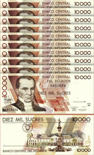 ECUADOR 10000 SUCRES 1999, UNC, 10 PCS LOT, P-127, PREFIX AP