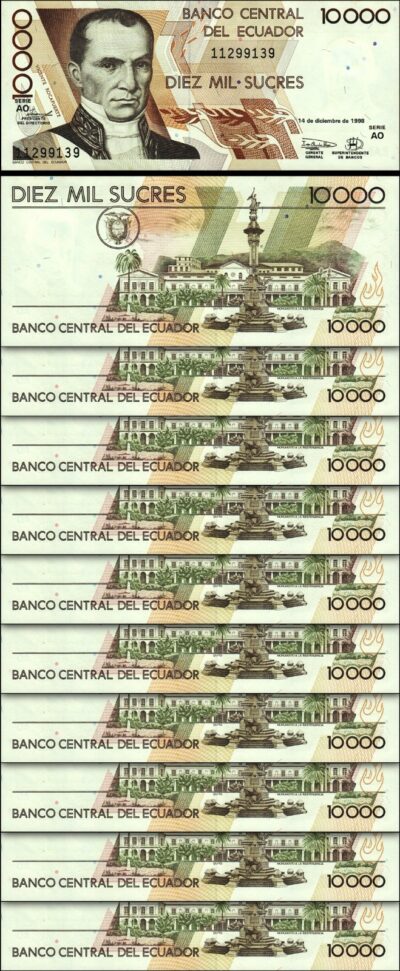 Ecuador 10000 Sucres 14-12-1998, UNC, 10 Pcs LOT, Consecutive, P-127e, Serie AO