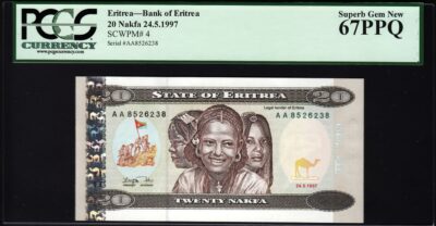 Eritrea 20 Nakfa 1997, PCGS 67 SUPERB GEM NEW (UNC), PPQ, P-4, PREFIX AA