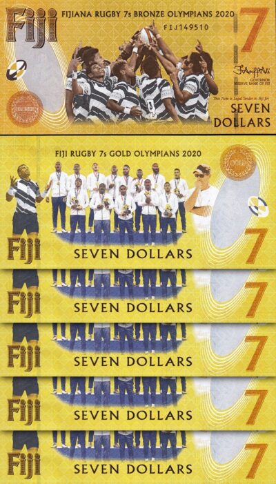 Fiji 7 Dollars 2020 2022, UNC, 5 Pcs LOT, Consecutive, Comm, P-122, Prefix FIJ