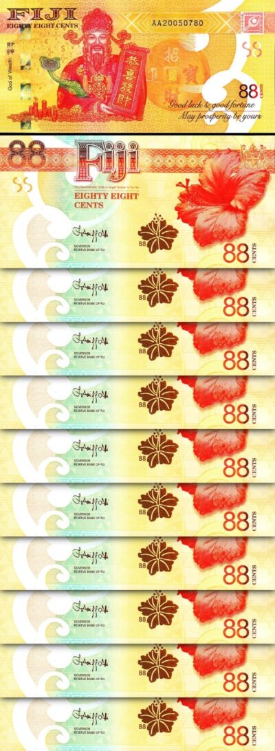 Fiji 88 Cents 2022, UNC, 10 PCS Lot, Commemorative, God of Wealth, P-123