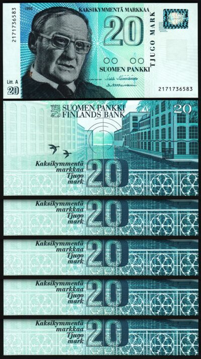Finland 20 Markkaa 1993 (1997) , UNC, 5 Pcs LOT, Consecutive, P-123, Litt.A