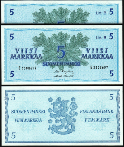 Finland 5 Markkaa 1963, UNC, 2 Pcs PAIR, Consecutive, Litt B, P-106Aa