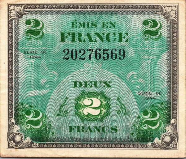 France 2 Francs 1944, aXF, P-114a , Allied Military Currency