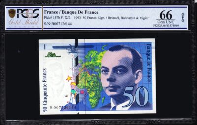 France 50 Francs 1993, PCGS 66 GEM UNC, P-157b BRUNEEL BONNARDIN VIGIER PREFIX B