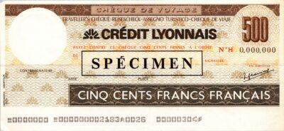 France Lyonnais SPECIMEN, Traveller Cheque, 500 Cent Francs UNC, Watermark
