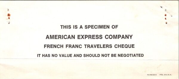 France SPECIMEN,  American Express Company Travellers Cheque, 100 Francs AU - Image 3