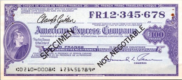 France SPECIMEN,  American Express Company Travellers Cheque, 100 Francs AU