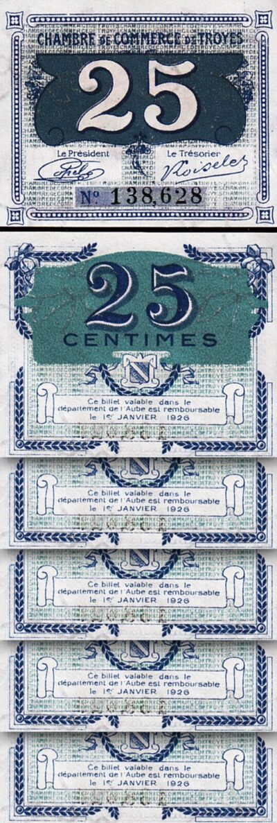 France TROYES 25 Centimes 1926, AUNC 5 Pcs LOT, with Completely watermark