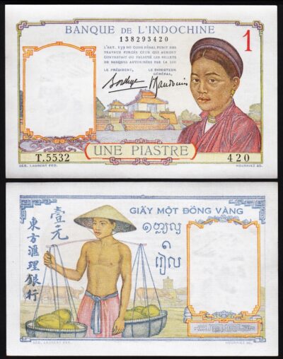 French Indo-China 1 Piastre 1932 (1936), aAU, P-54b, Sign 9, With Dot Under 'O'