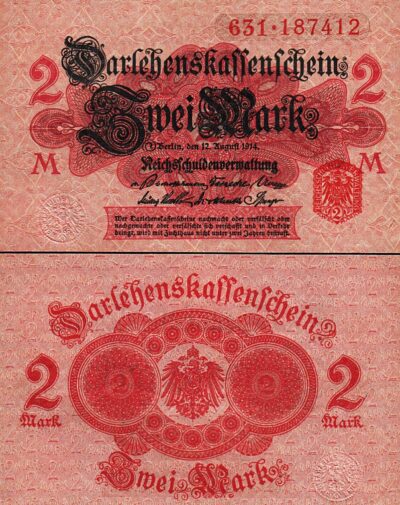 Germany 2 Mark 1914, XF P-54, Red Seal, Completely Watermark