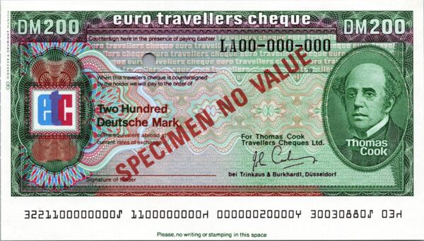 Germany SPECIMEN,Dusseldorf Traveller Cheque,200 Marks Thomas Cook,UNC,Watermark