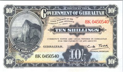 Gibraltar 10 Shillings / 50 pence RADAR 0450540  1934-2018, UNC, P-41, Comm