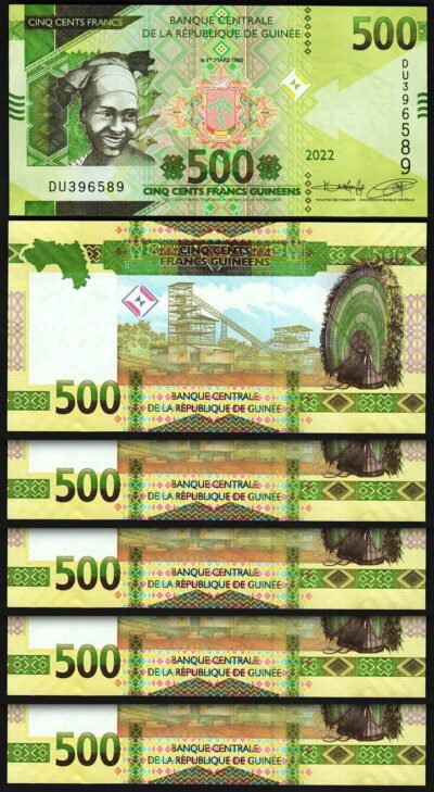 Guinea 500 Francs 2022, UNC, 5 Pcs LOT, P-52