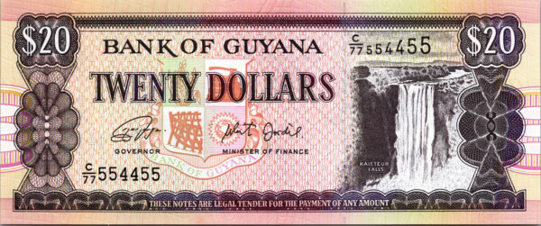 Guyana 20 Dollars, 2018, RADAR 554455 UNC, P-New NEW SIGNATURE