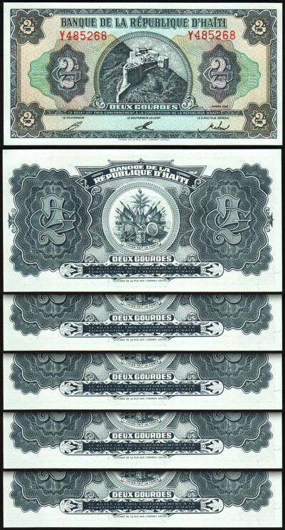 Haiti 2 Gourdes 1992, UNC, 5 Pcs LOT, Consecutive, P-260a, Prefix Y