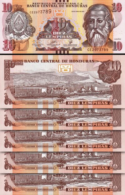 Honduras 10 Lempiras 2019, UNC, 5 Pcs LOT,  P-99