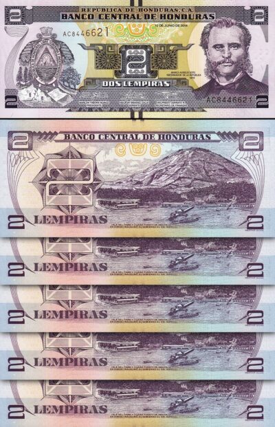 Honduras 2 Lempiras 2014, UNC, 5 Pcs LOT, P-97