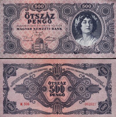 Hungary 500 Otszaz Pengo 1945, AU/UNC, P-117a
