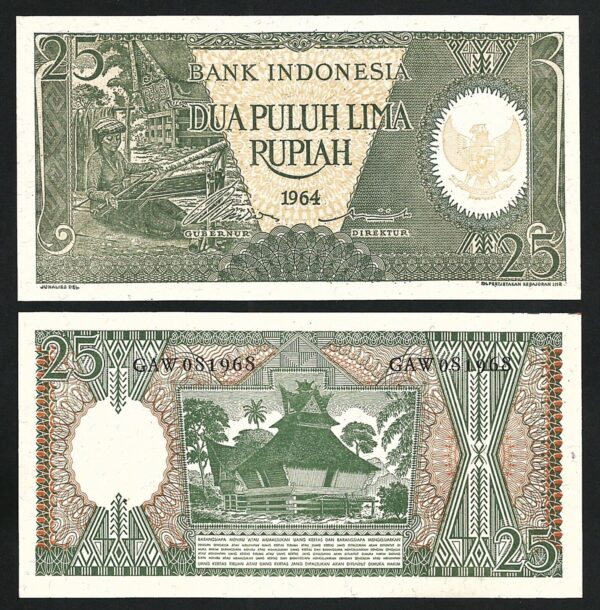 Indonesia 25 Rupiah 1964, UNC, P-95a, Prefix GAW