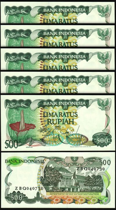 Indonesia 500 Rupiah 1982, UNC, 5 Pcs LOT, Consecutive, P-121