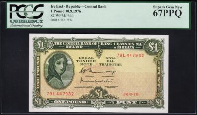 Ireland Republic, 1 Pound 1976, PCGS 67, Superb Gem New (UNC),PPQ, P-64d