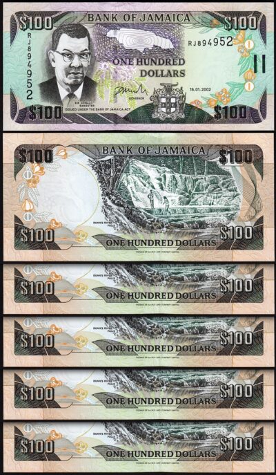 Jamaica 100 Dollars 2002, UNC, 5 Pcs LOT, P-80b