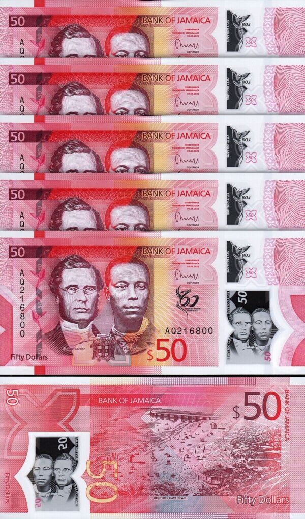 Jamaica 50 Dollars 2022 2023, UNC, 10 Pcs Consecutive LOT, Polymer, P-New Design - Image 3