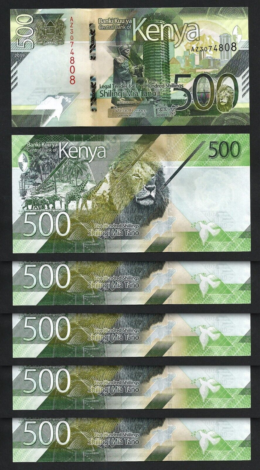 Kenya 500 Shillings 2019 UNC 5 PCS Consecutive LOT P 55 385050710761 