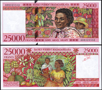 Madagascar, 25000 Francs 1998, AU UNC, P-82, Prefix A, Mother and Child