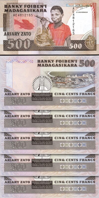 Madagascar 500 Francs - Ariary, 1988 1993, aUNC / UNC, 5 Pcs LOT, P-71b