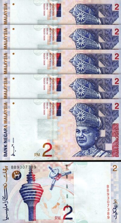 Malaysia 2 Ringgit 1996-1999, UNC, 5 Pcs LOT, P-40