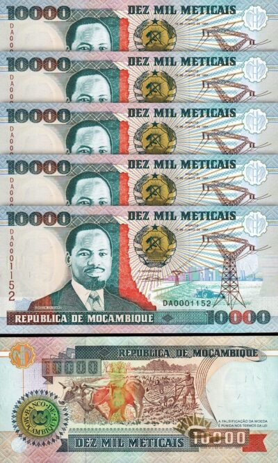Mozambique 10000 Meticais 1991,  UNC-, 5 Pcs LOT, P-137, LOW 00011**