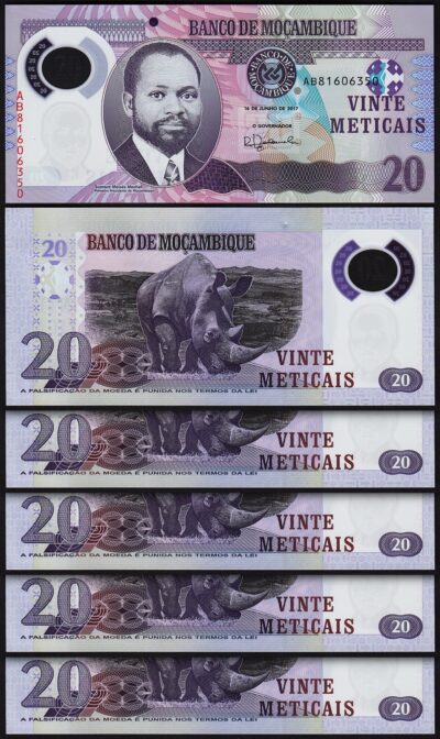 Mozambique 20 Meticais 2017, UNC, 5 Pcs LOT, Consecutive, Polymer, P-149