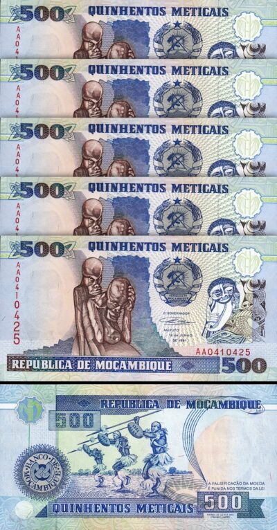 Mozambique 500 Meticais, 1991, UNC-, 5 Pcs LOT, P-134, Prefix AA