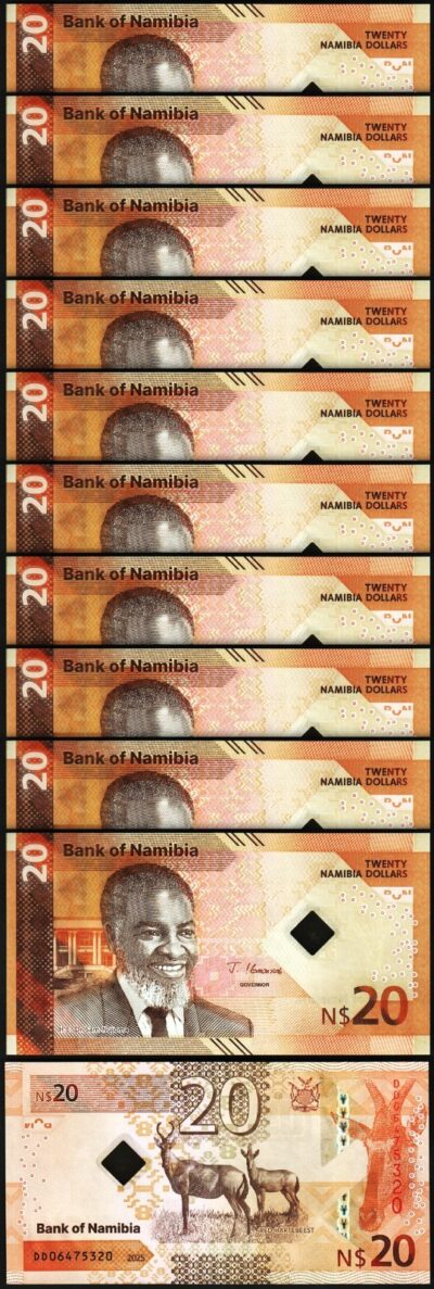 Namibia 20 Dollars 2025 UNC, 10 Pcs LOT, P-21 New Design/Security,Hybrid Polymer