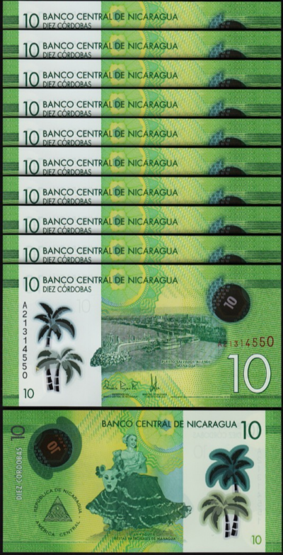 Nicaragua, 10 Cordobas 2014 2015, UNC, 10 Pcs LOT, Consecutive, P-209, Polymer