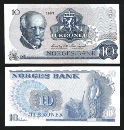Norway 10 Kroner 1983 , AU-UNC , P-36c , Sign : Wold & Sagard