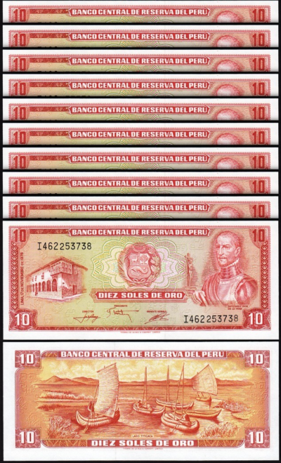 Peru 10 Soles De Oro 1976, UNC, 10 Pcs LOT, Consecutive, P-112, TDLR