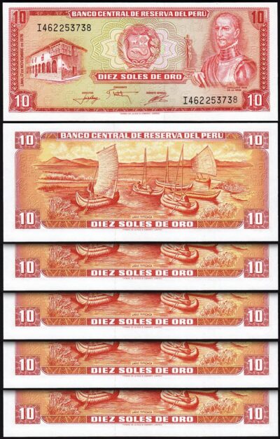 Peru 10 Soles De Oro 1976, UNC, 5 Pcs LOT, Consecutive, P-112, TDLR