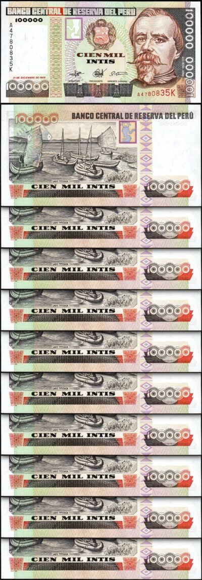 Peru 100000 - 100,000 Intis 1989, UNC, 10 Pcs LOT, P-145