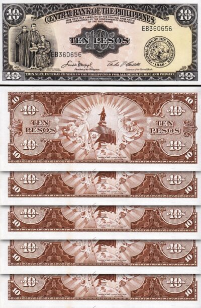 Philippines 10 Pesos, 1949, UNC, 5 Pcs LOT, P-136e, Sign 5, Prefix EB